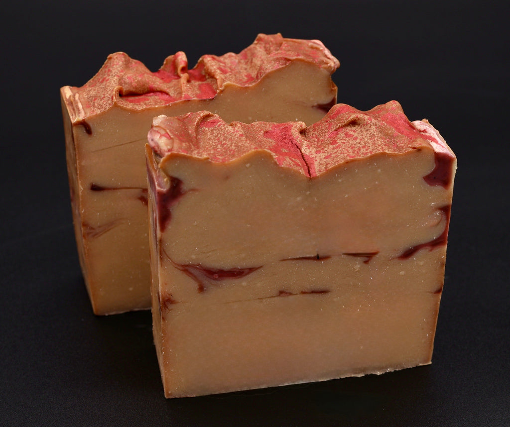 Fall Harvest soap two bars stacked showing rich caramel and pink marbled design