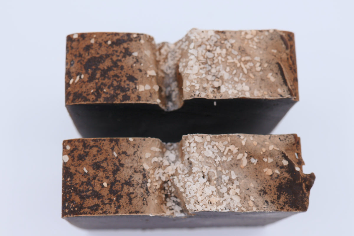 Smugglers Cove soap bar pieces showing tobacco and vanilla salt crystal finish